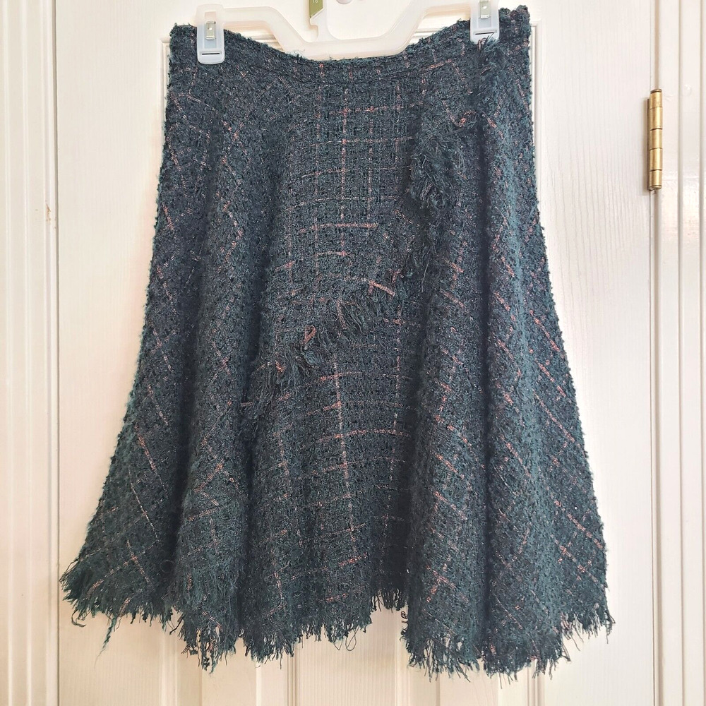 Eva Franco Wool Plaid Faux Wrap Lined Skirt Textured Fringe Green Gold Size 6